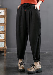 Casual Blue Pockets Cinched Elastic Waist Linen Crop Pants Fall