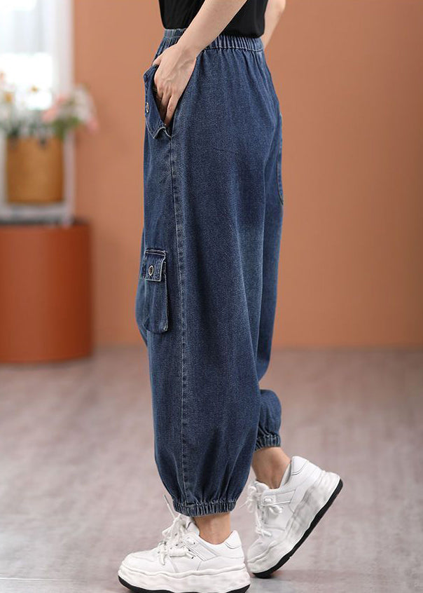 Casual Blue Pockets Elastic Waist Denim Pants Fall