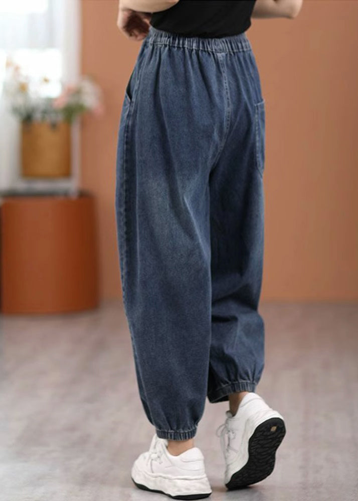 Casual Blue Pockets Elastic Waist Denim Pants Fall