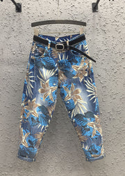 Casual Blue Print High Waist Sashes Harem Pants