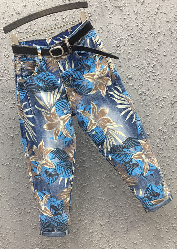 Casual Blue Print High Waist Sashes Harem Pants