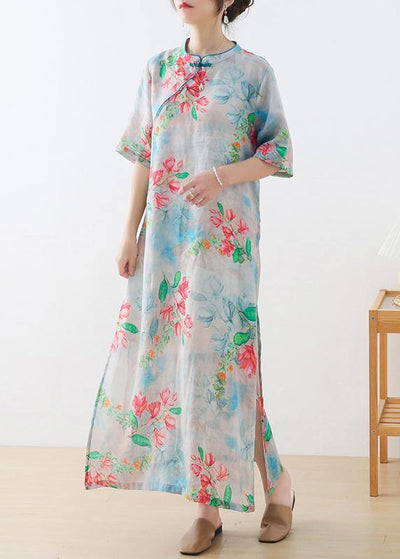 Casual Blue Print Oriental Dresses Summer Ramie - bagstylebliss