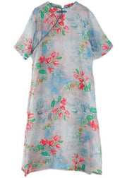 Casual Blue Print Oriental Dresses Summer Ramie - bagstylebliss