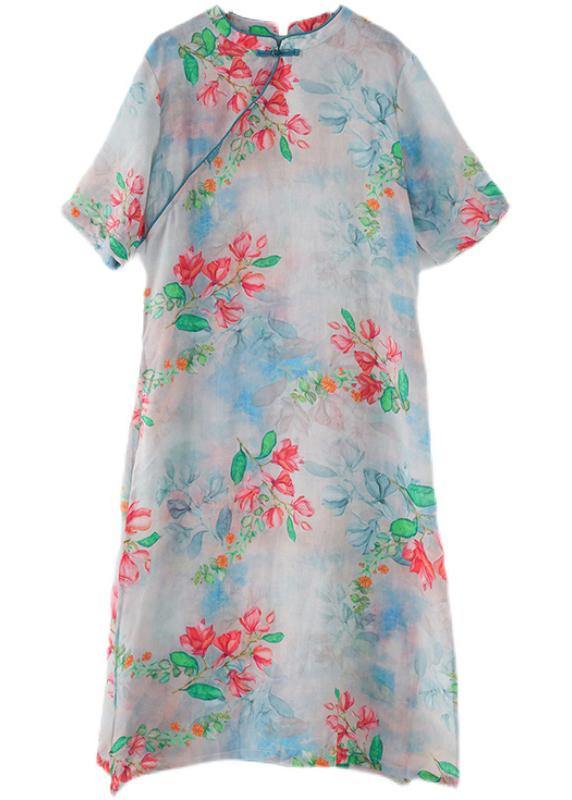 Casual Blue Print Oriental Dresses Summer Ramie - bagstylebliss
