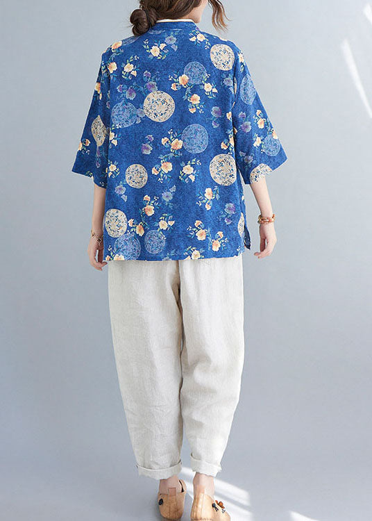 Casual Blue Stand Collar Button Print asymmetrical design Fall Blouses Half Sleeve