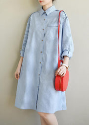 Casual Blue Striped Cotton Long sleeve Spring Dresses - bagstylebliss