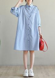 Casual Blue Striped Cotton Long sleeve Spring Dresses - bagstylebliss