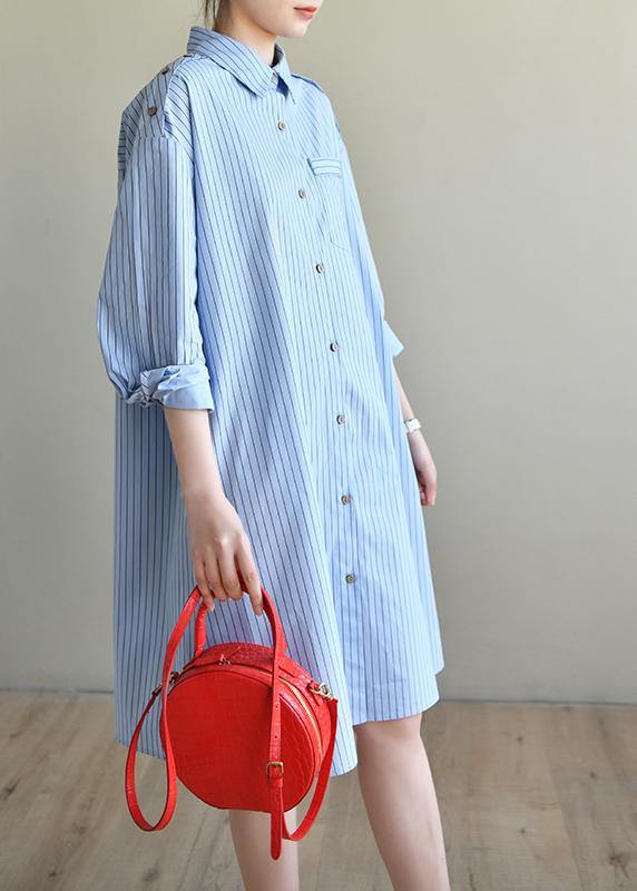 Casual Blue Striped Cotton Long sleeve Spring Dresses - bagstylebliss