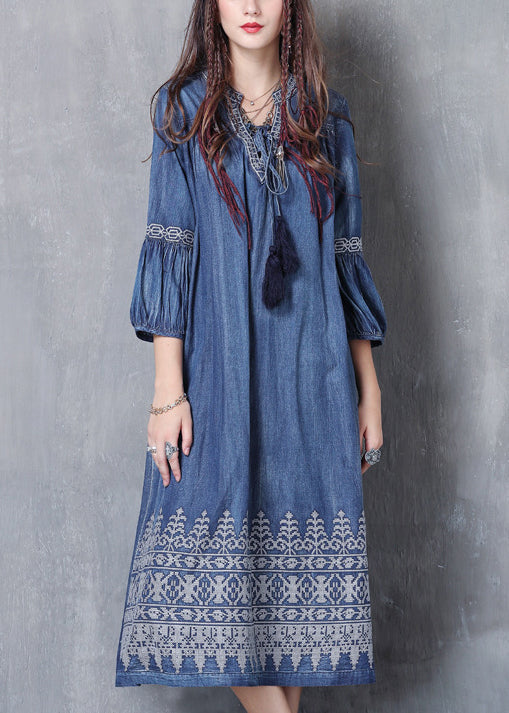 Casual Blue V Neck Embroideried Cotton Vacation Dresses lantern sleeve