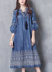 Casual Blue V Neck Embroideried Cotton Vacation Dresses lantern sleeve