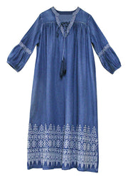 Casual Blue V Neck Embroideried Cotton Vacation Dresses lantern sleeve