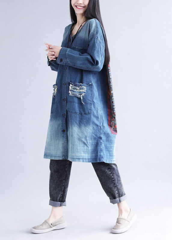 Casual Blue V Neck Ripped Pockets Print Cotton Denim Trench Spring