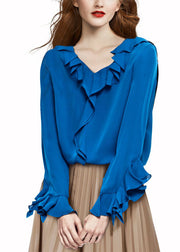 Casual Blue V Neck Ruffled Chiffon Shirt Top Long Sleeve