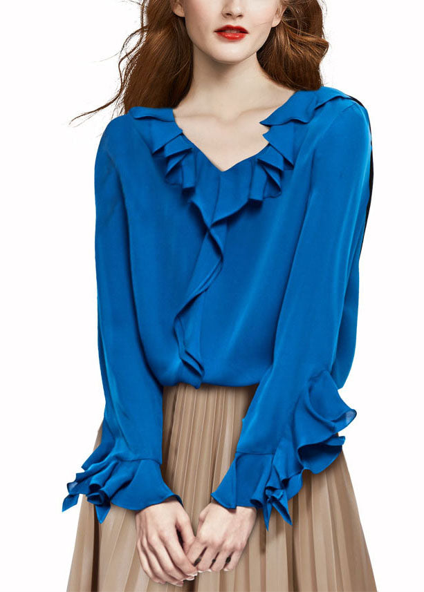 Casual Blue V Neck Ruffled Chiffon Shirt Top Long Sleeve