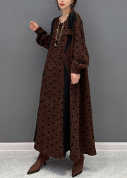 Casual Brown O Neck Wrinkled Print Patchwork Cotton Long Dresses Fall