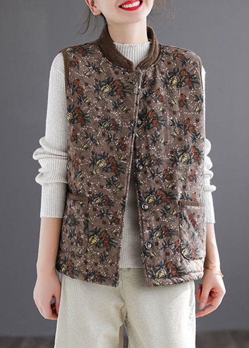 Casual Brown Stand Collar Print Fine Cotton Filled Vest Sleeveless