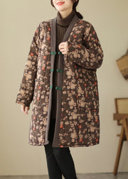 Casual Brown V Neck Print Warm Fleece Thick Long Parka Long Sleeve