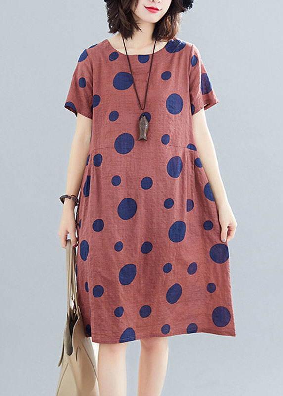 Casual BrownO-Neck Dot Print Mid Dresses Short Sleeve