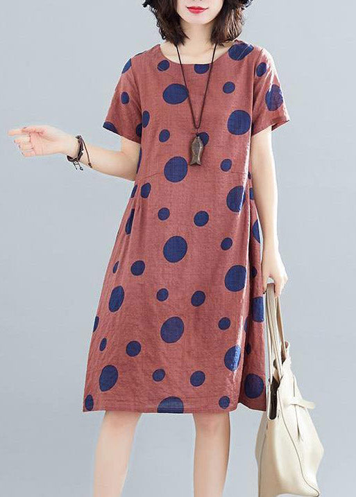 Casual BrownO-Neck Dot Print Mid Kleider Kurzarm