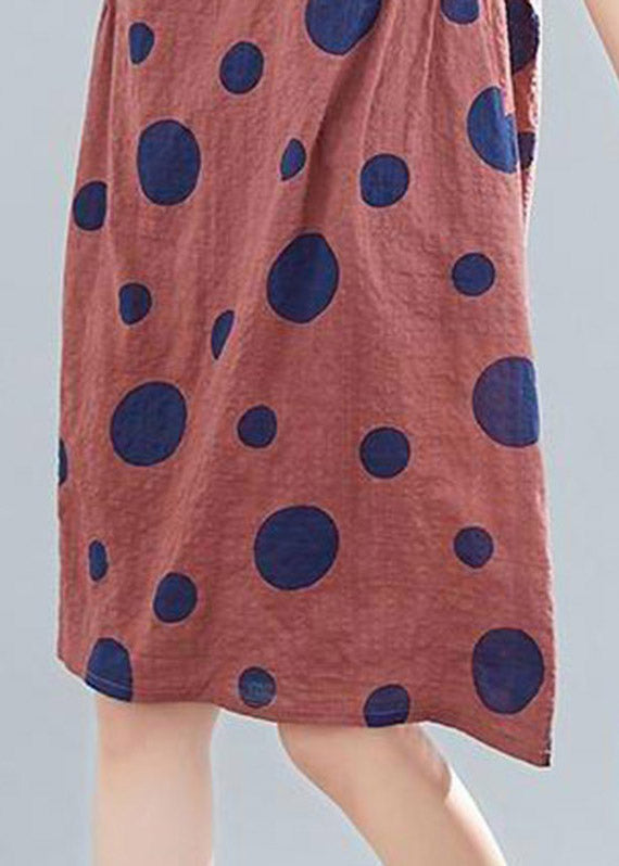 Casual BrownO-Neck Dot Print Mid Dresses Short Sleeve