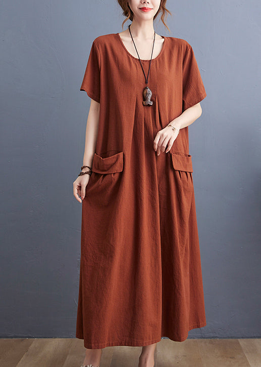 Casual Caramel O-Neck wrinkled Pockets Linen Dress Short Sleeve