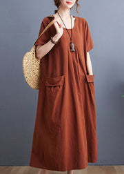 Casual Caramel O-Neck wrinkled Pockets Linen Dress Short Sleeve