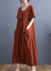 Casual Caramel O-Neck wrinkled Pockets Linen Dress Short Sleeve