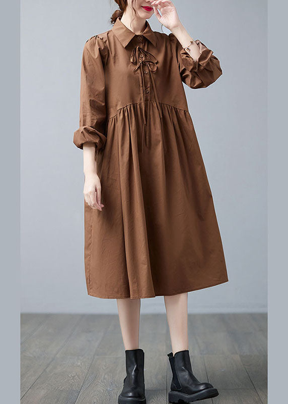 Casual Caramel Peter Pan Collar Patchwork Button Fall Vacation Dresses Long sleeve