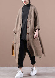 Casual Chocolate V Neck Pockets Fall Long Sweater Coat - bagstylebliss