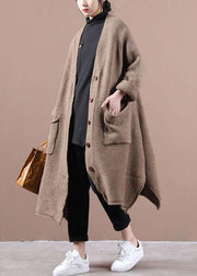 Casual Chocolate V Neck Pockets Fall Long Sweater Coat - bagstylebliss