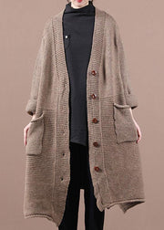 Casual Chocolate V Neck Pockets Fall Long Sweater Coat - bagstylebliss