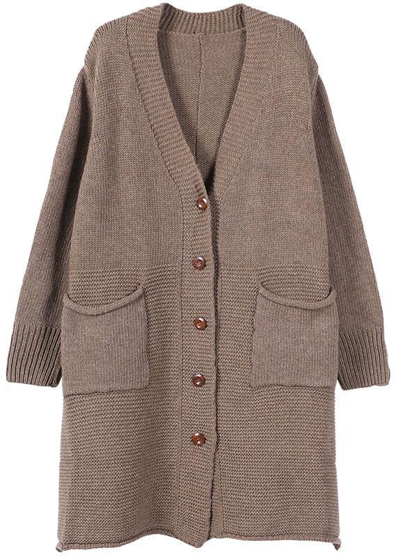 Casual Chocolate V Neck Pockets Fall Long Sweater Coat - bagstylebliss