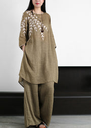 Casual Chocolate Green O-Neck Leaf Embroideried Side Open Linen Two Pieces Set Summer