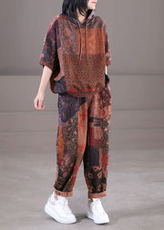 Casual Chocolate Hooded Drawstring Print Linen Tops And Pants Two Pieces Set Summer