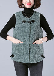 Casual Coffee O-Neck Drawstring Button Faux Fur Waistcoat Fall