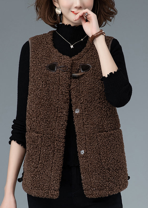 Casual Coffee O-Neck Drawstring Button Faux Fur Waistcoat Fall