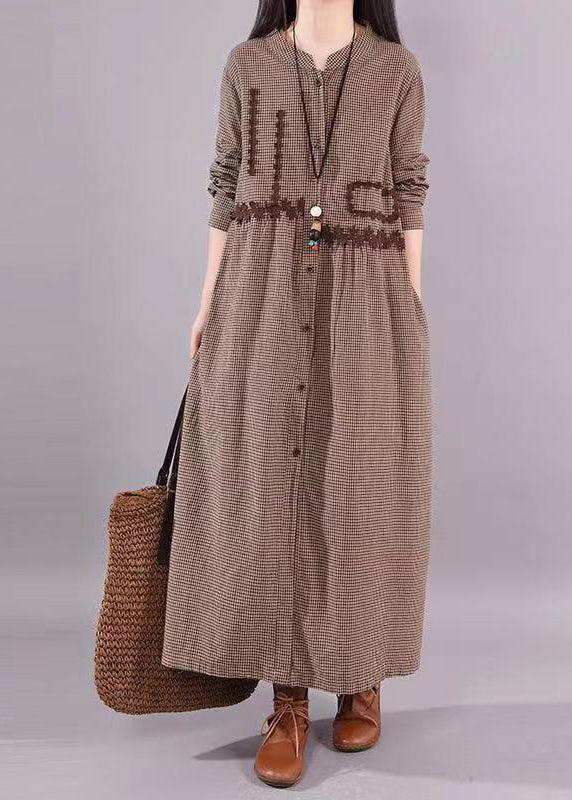 Casual Coffee O Neck Plaid Patchwork Cotton Long Dress Fall