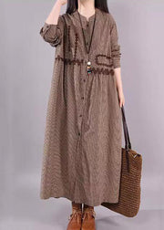 Casual Coffee O Neck Plaid Patchwork Cotton Long Dress Fall