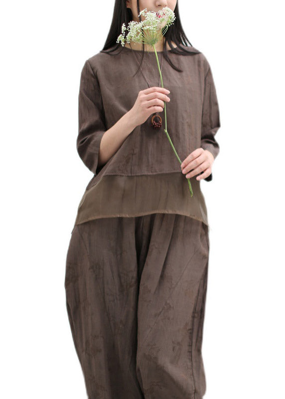 Casual Chocolate O-Neck Silk Patchwork Linen Shirts And Wide Leg Pants Two Pieces Set Spring