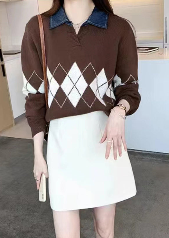 Casual Coffee Peter Pan Collar Geometric Patchwork Knit Blouses Fall