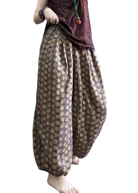 Casual Chocolate Pockets Print Elastic Waist Beam Pants Summer