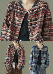 Casual Coffee Striped Pockets Patchwork Cotton Coat Fall