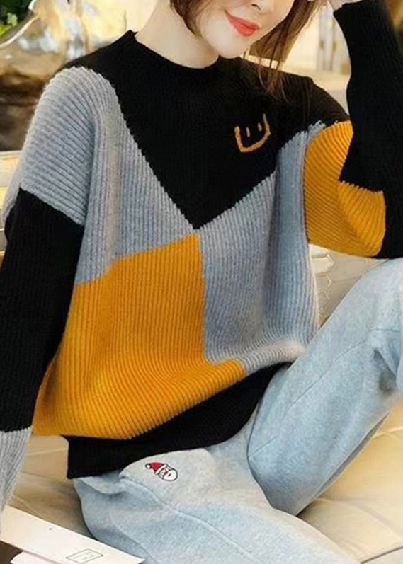 Casual Colorblock O Neck Thick Patchwork Knit Sweaters Fall