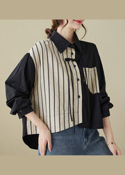 Casual Colorblock Striped Tasseled Patchwork Cotton Shirt Top Fall