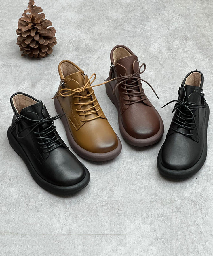 Casual Cowhide Leather Boots Zippered Cross Strap Flat Boots