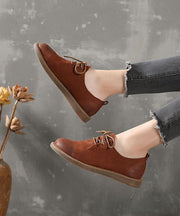 Casual Cross Strap Flat Shoes Brown Cowhide Leather - bagstylebliss