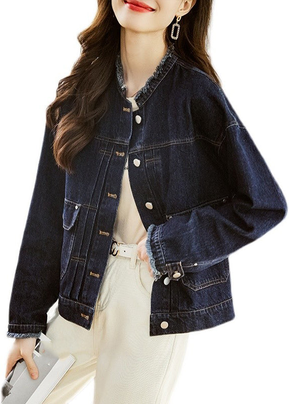 Casual Dark Blue O-Neck Pockets Patchwork Denim Coats Fall