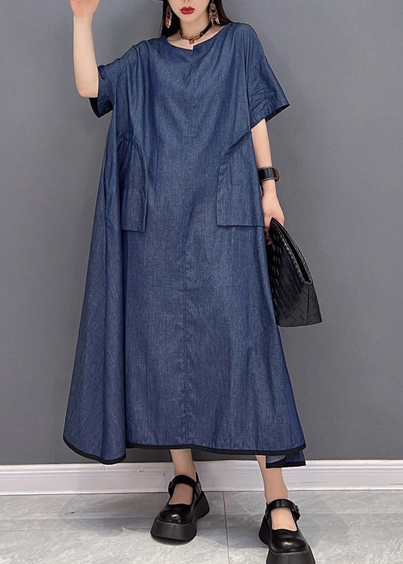 Casual Denim Blue O-Neck Pockets Long Dresses Short Sleeve