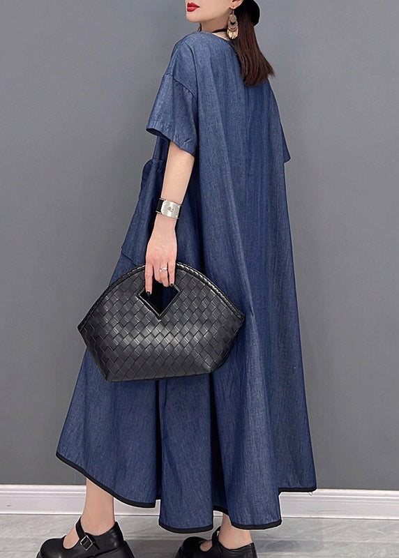 Casual Denim Blue O-Neck Pockets Long Dresses Short Sleeve