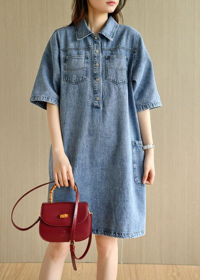 Casual Denim Blue Peter Pan Collar Pockets Summer Cotton Mid Dress Half Sleeve - bagstylebliss